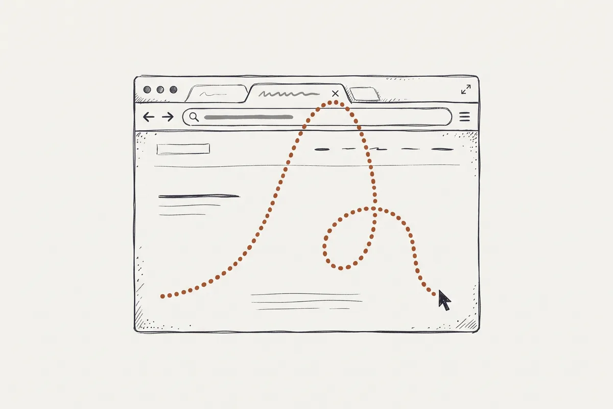 A browser window with a dotted cursor path that nearly reaches the close button and turns back.