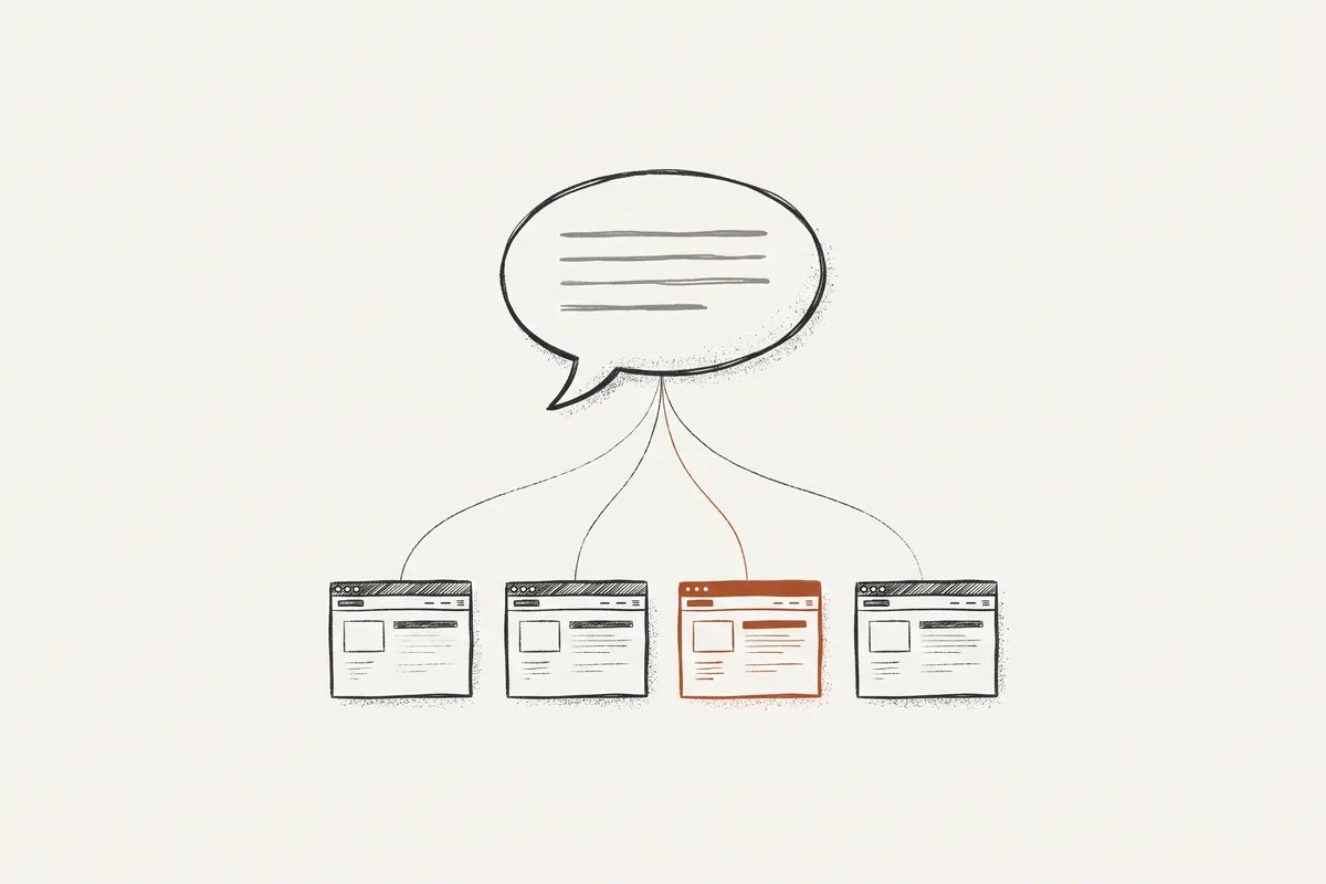 A chat answer bubble linked by threads to four small page cards, one of them highlighted.