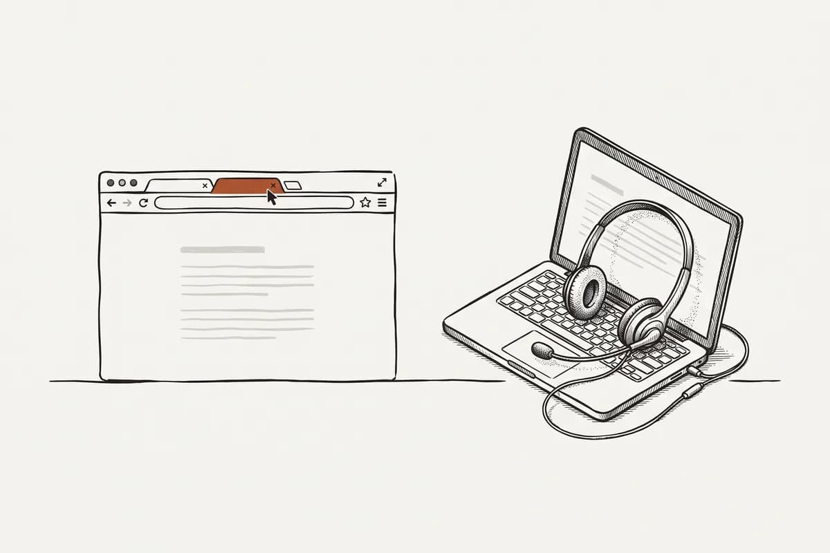 A browser tab about to be closed beside a headset resting on an open laptop.