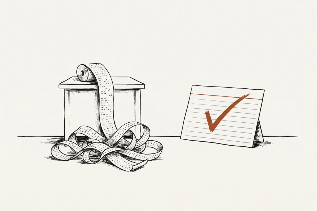 A long tape covered in tick marks spilling in loops beside a single card with one check mark.