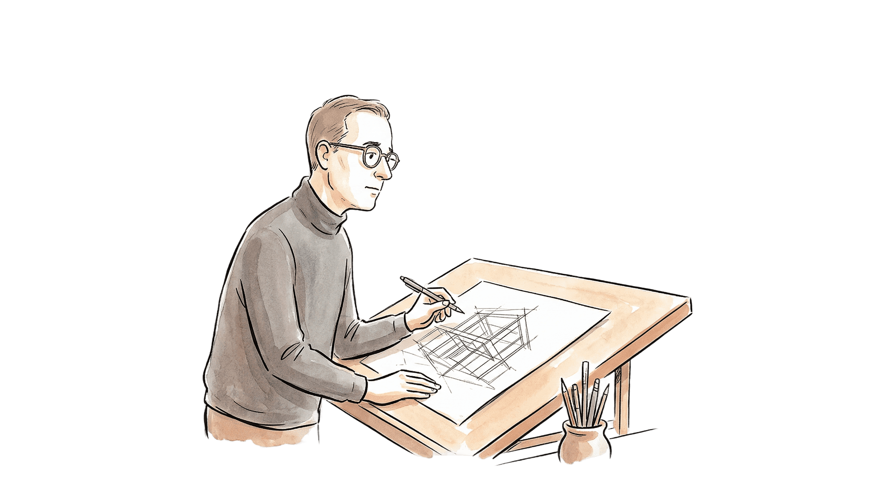 Illustration of a design lead at a drafting table
